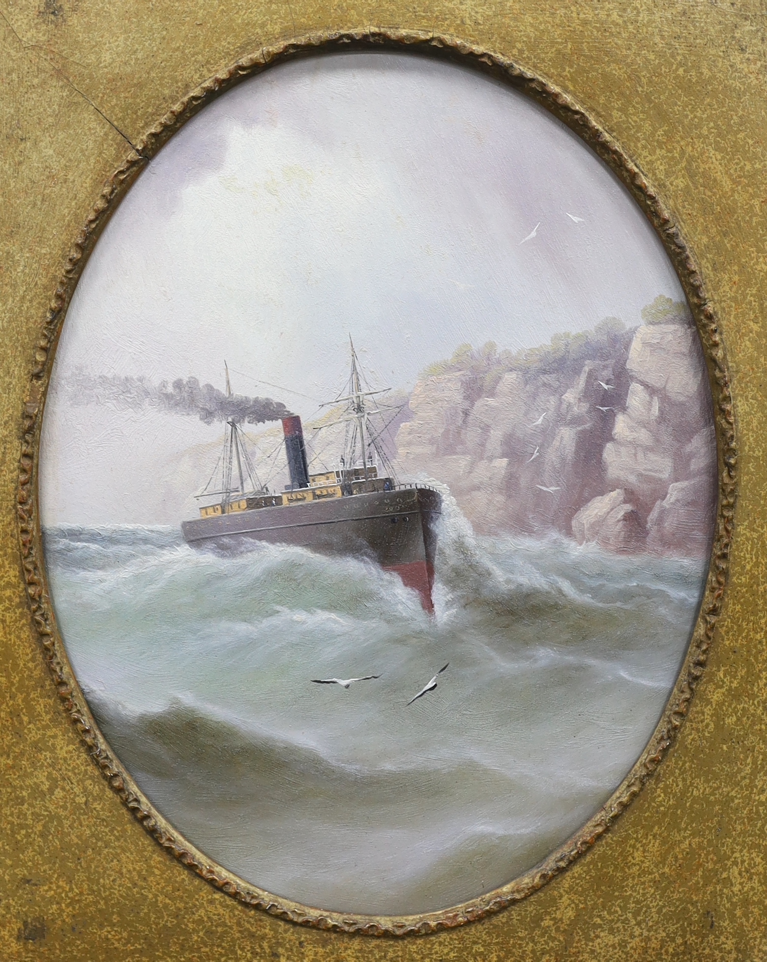 English School c.1900, oil on millboard, Steamship off the coast, oval, 35 x 28cm